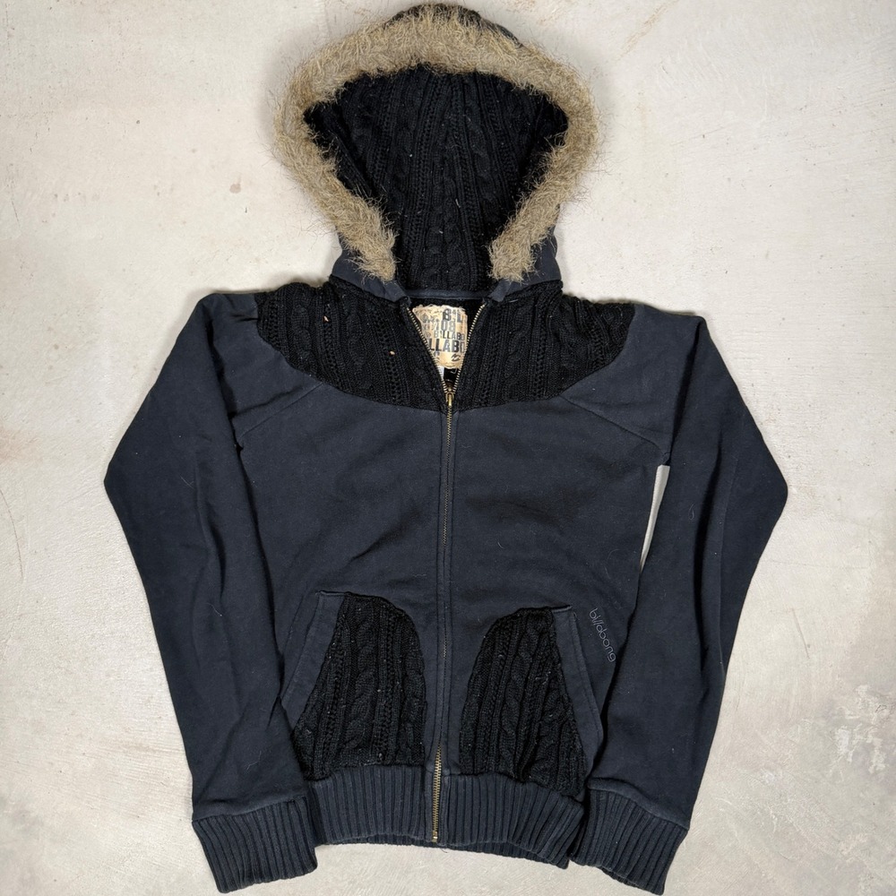 Billabong Womens Black Cable Knit Faux Fur Trim Zip Up Hoodie Sweatshirt Small